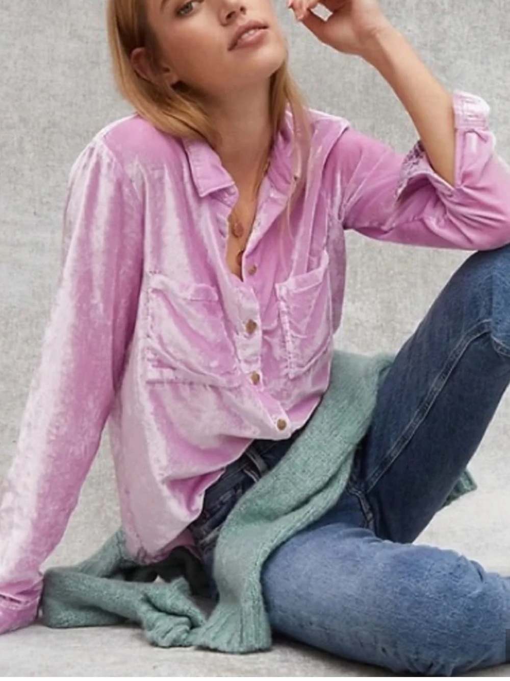 Pilcro Mara Velvet Relaxed Button Front Top Medium